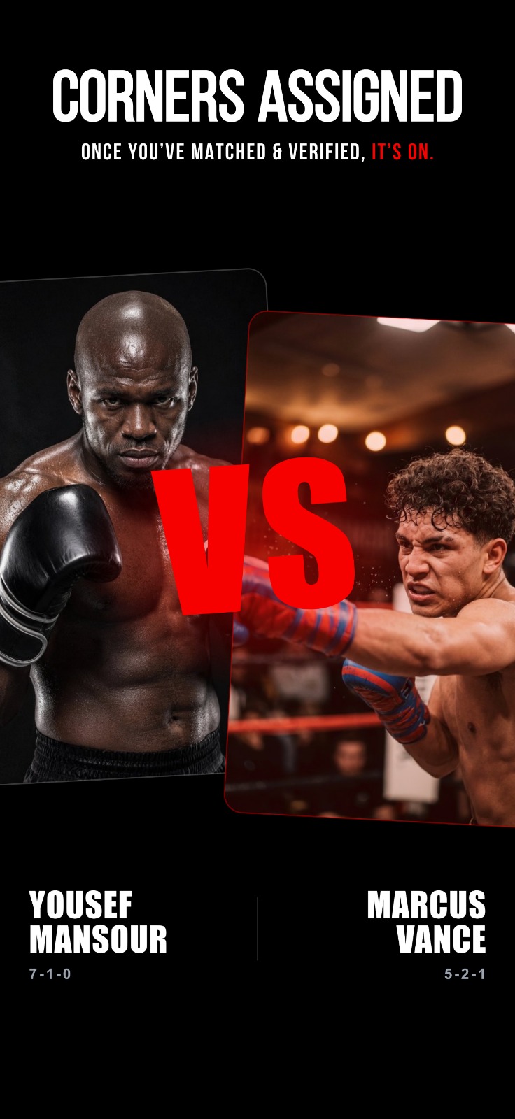 POUNDRR corners assigned screen: two matched fighters head to head with their records