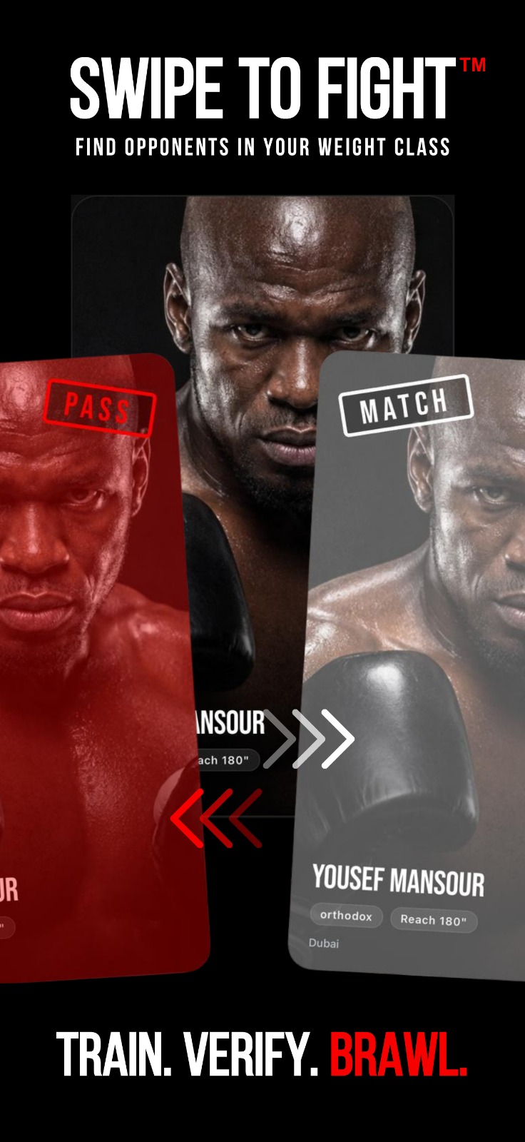 POUNDRR matching screen: swipe through fighter cards, pass left or match right