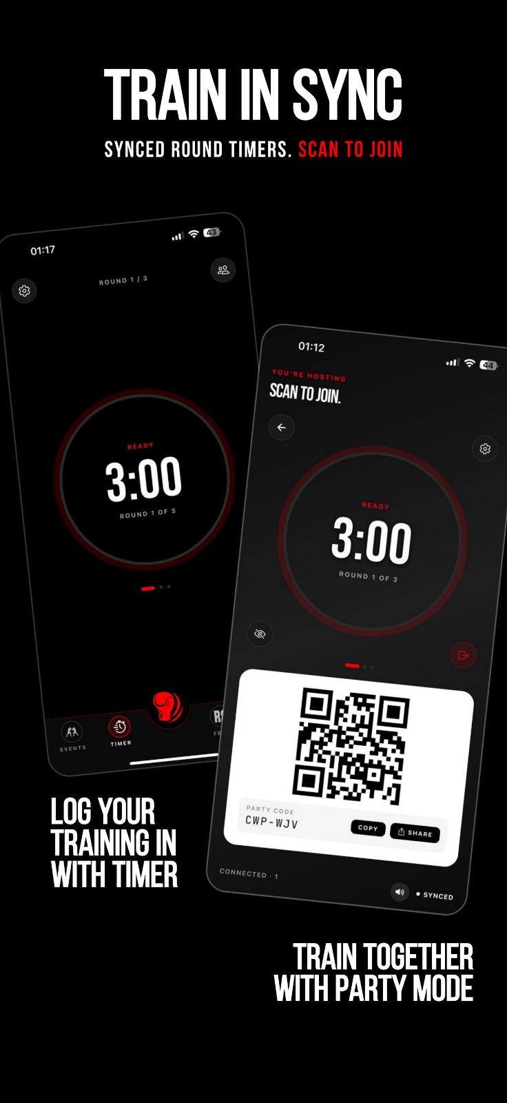 POUNDRR round timer screens: 3:00 round timer plus a scan-to-join party session with QR code